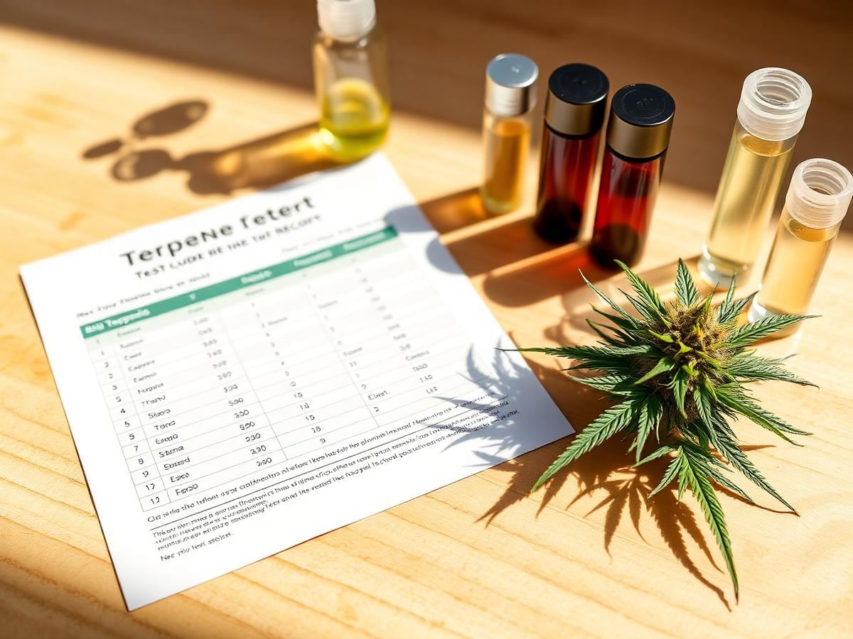 Cannabis flower beside a printed terpene test report